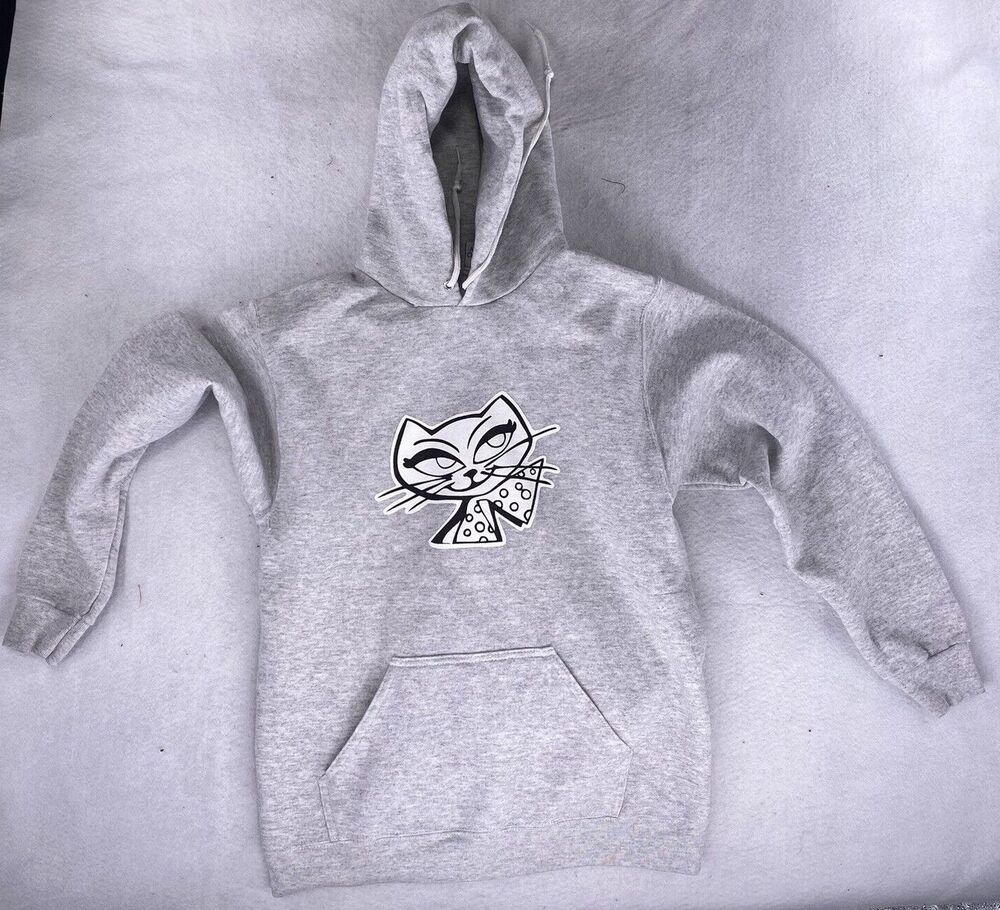 VTG 90s Tasty Clothing Cat Hoodie Heather Grey Pullover American Clothing Co L